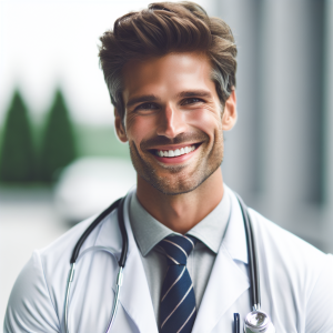 a photo realistic professionally appealing image of a good looking and athletic 35 to 45 year old happy smiling male white doctor with white teeth