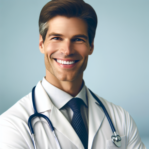 a photo realistic professionally appealing image of a good looking and athletic 35 to 45 year old happy smiling male white doctor with white teeth