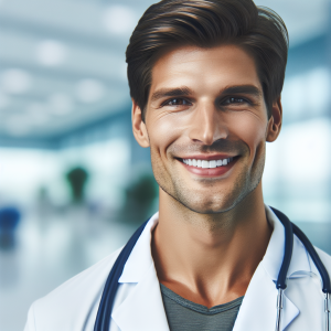a photo realistic professionally appealing image of a good looking and athletic 35 to 45 year old happy smiling male white doctor with white teeth 424 300x300