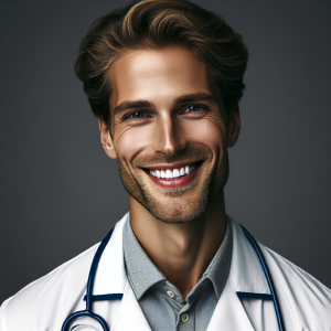 a photo realistic professionally appealing image of a good looking and athletic 35 to 45 year old happy smiling male white doctor with white teeth