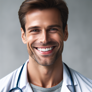 a photo realistic professionally appealing image of a good looking and athletic 35 to 45 year old happy smiling male white doctor with white teeth