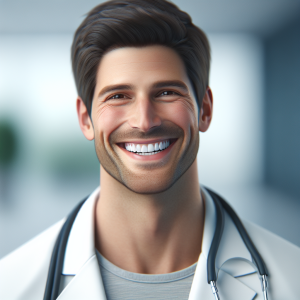a photo realistic professionally appealing image of a good looking and athletic 35 to 45 year old happy smiling male white doctor with white teeth 654 300x300
