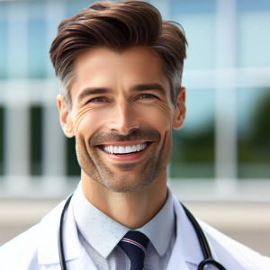 a photo realistic professionally appealing image of a good looking and athletic 35 to 45 year old happy smiling male white doctor with white teeth 789 300x300