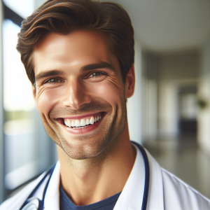 a photo realistic professionally appealing image of a good looking and athletic 35 to 45 year old happy smiling male white doctor with white teeth 956 300x300