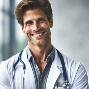 a photo realistic professionally appealing image of a good looking and athletic 35 to 45 year old happy smiling male white doctor with white teeth
