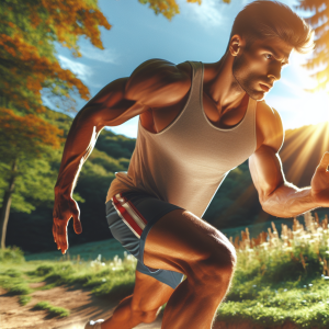 a photo realistic professionally appealing image of a good looking and athletic white man exercising or playing sports outside on a sunny day 234 300x300