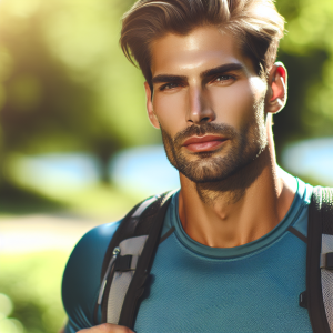 a photo realistic professionally appealing image of a good looking and athletic white man exercising or playing sports outside on a sunny day 423 300x300