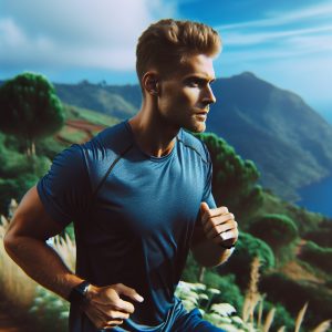 a photo realistic professionally appealing image of a good looking and athletic white man exercising or playing sports outside on a sunny day