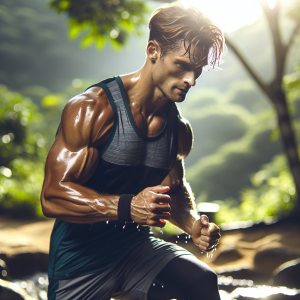 a photo realistic professionally appealing image of a good looking and athletic white man exercising or playing sports outside on a sunny day