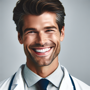 a photorealistic professional appealing image of a good looking and athletic 35 to 45 year old happy smiling male caucasian doctor with white teeth 136 300x300