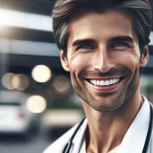 a photorealistic professional appealing image of a good looking and athletic 35 to 45 year old happy smiling male caucasian doctor with white teeth 727 300x300