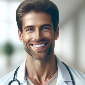a photorealistic professional appealing image of a good looking and athletic 35 to 45 year old happy smiling male caucasian doctor with white teeth 842 300x300