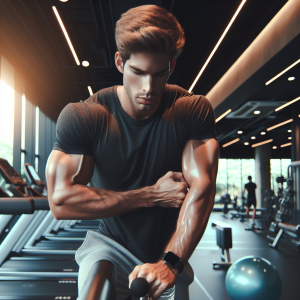 a photorealistic professional appealing image of a good looking and athletic caucasian man exercising in a gym 385 300x300